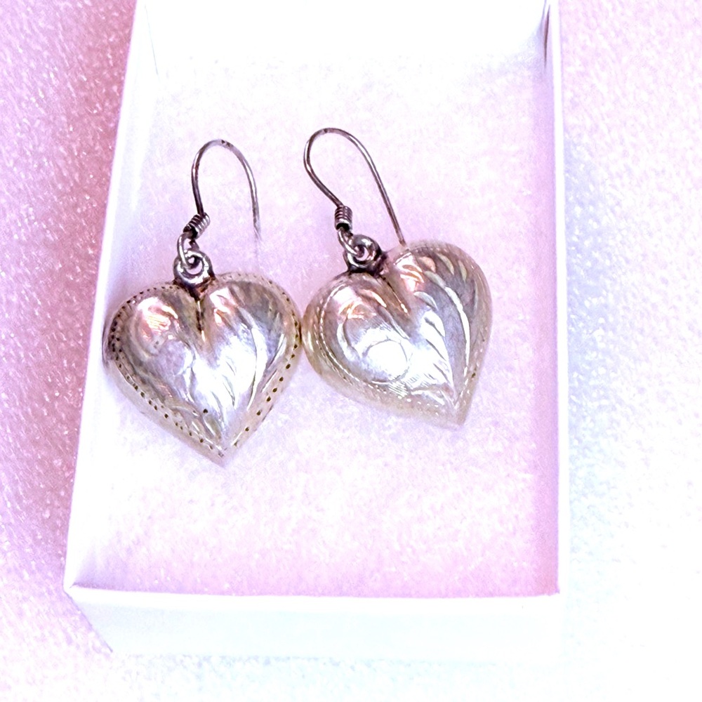 Silver Puffy Heart Dangle Earrings